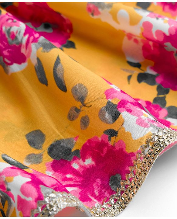 Babyhug Cambric Woven Full Sleeves Kurti Palazzo & Dupatta Set With Floral Print - Yellow & Pink