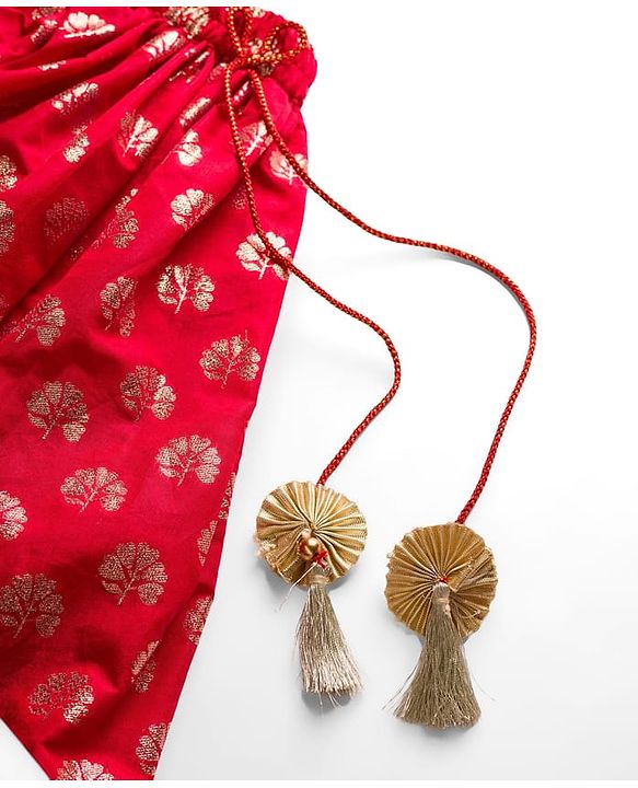 Babyhug Brocade Woven Half Sleeves Choli Lehenga & Dupatta Set With Floral Print - Red