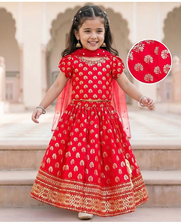 Babyhug Brocade Woven Half Sleeves Choli Lehenga & Dupatta Set With Floral Print - Red
