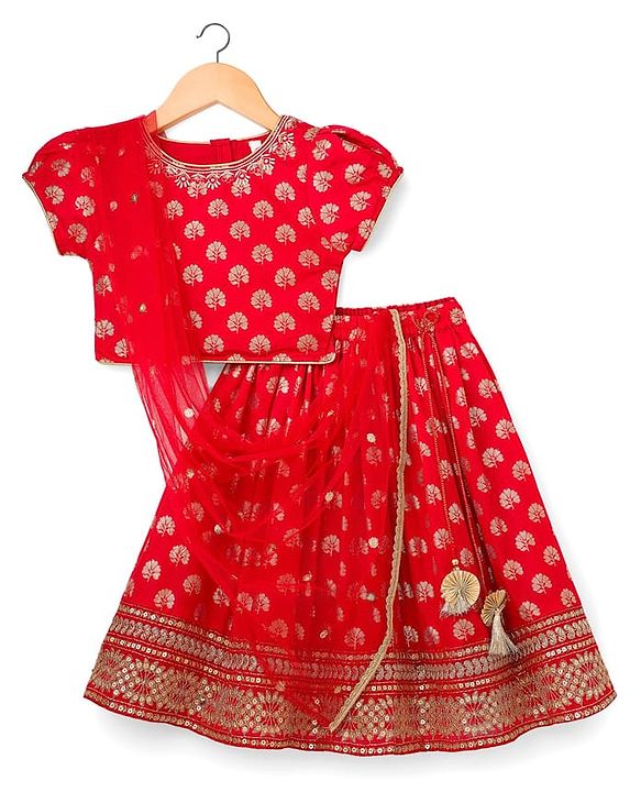 Babyhug Brocade Woven Half Sleeves Choli Lehenga & Dupatta Set With Floral Print - Red