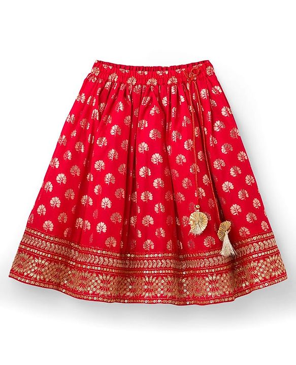 Babyhug Brocade Woven Half Sleeves Choli Lehenga & Dupatta Set With Floral Print - Red