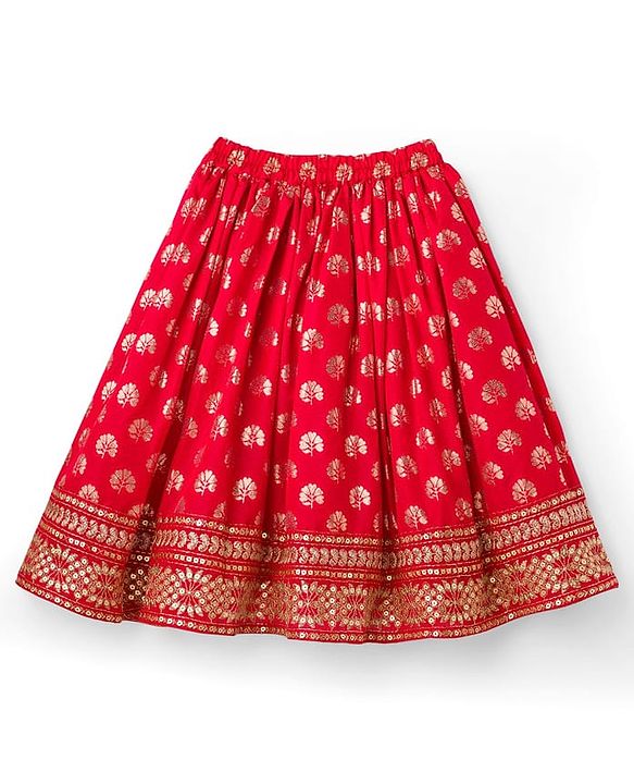 Babyhug Brocade Woven Half Sleeves Choli Lehenga & Dupatta Set With Floral Print - Red
