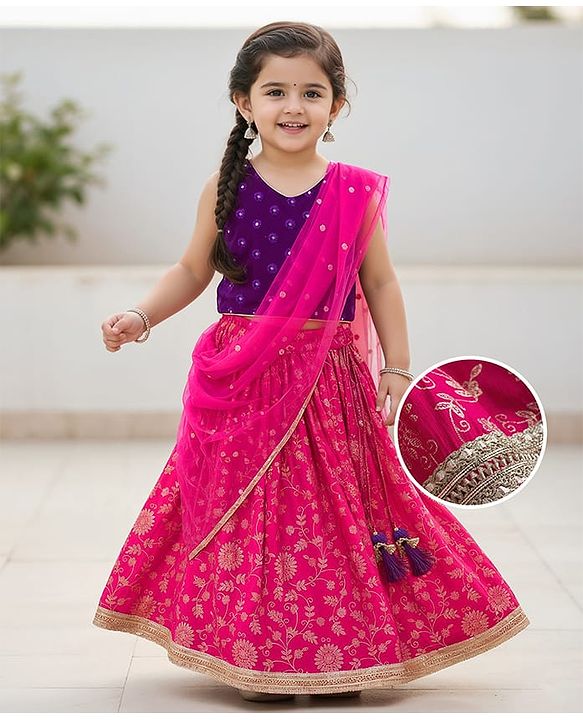 Babyhug Brocade Woven Sleeveless Choli Lehenga & Dupatta Set With Floral Print & Embroidered - Fuschia