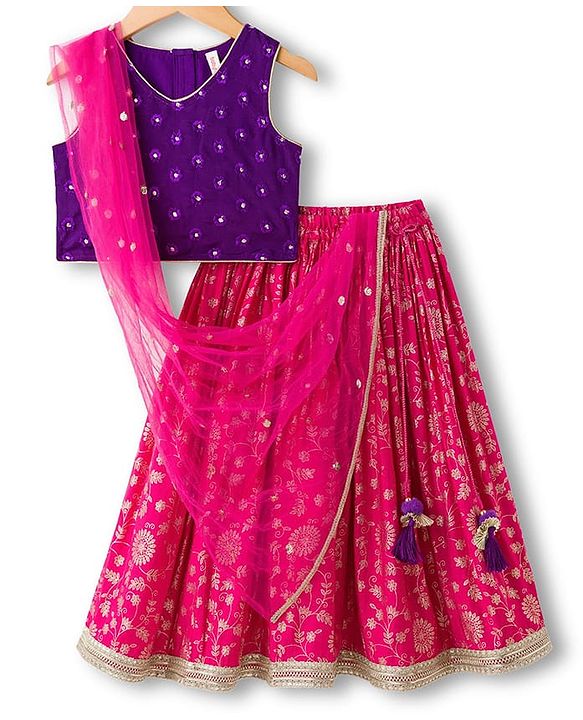 Babyhug Brocade Woven Sleeveless Choli Lehenga & Dupatta Set With Floral Print & Embroidered - Fuschia