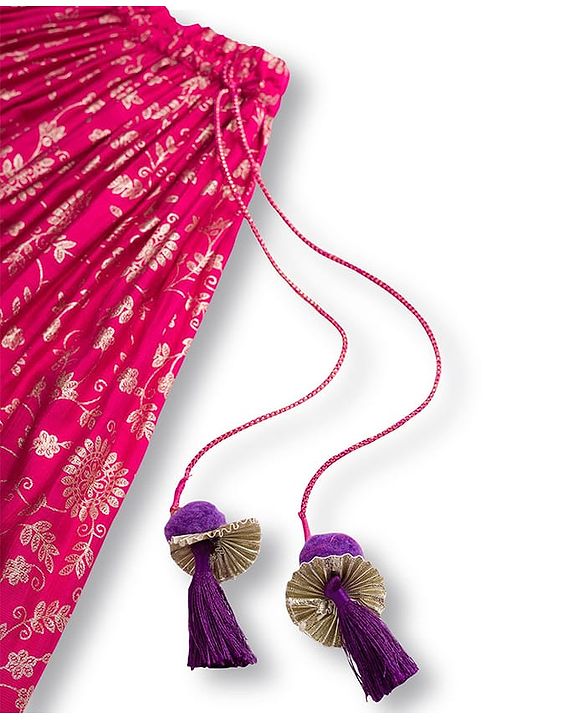 Babyhug Brocade Woven Sleeveless Choli Lehenga & Dupatta Set With Floral Print & Embroidered - Fuschia