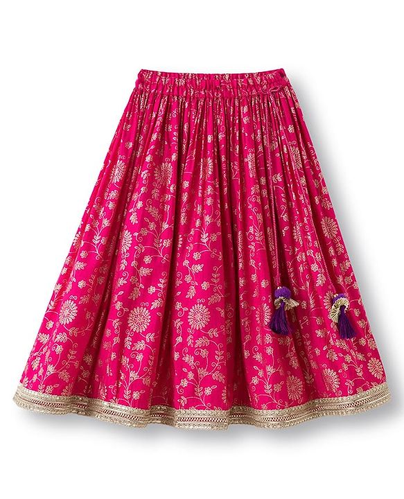 Babyhug Brocade Woven Sleeveless Choli Lehenga & Dupatta Set With Floral Print & Embroidered - Fuschia