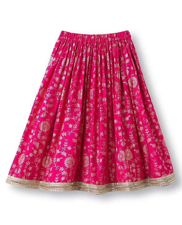 Babyhug Brocade Woven Sleeveless Choli Lehenga & Dupatta Set With Floral Print & Embroidered - Fuschia