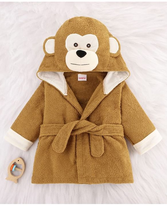 Babyhug Cotton Terry Woven Full Sleeves Hooded Bathrobe with Monkey Embroidery - Brown