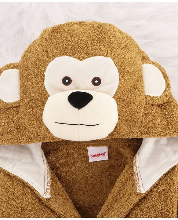 Babyhug Cotton Terry Woven Full Sleeves Hooded Bathrobe with Monkey Embroidery - Brown