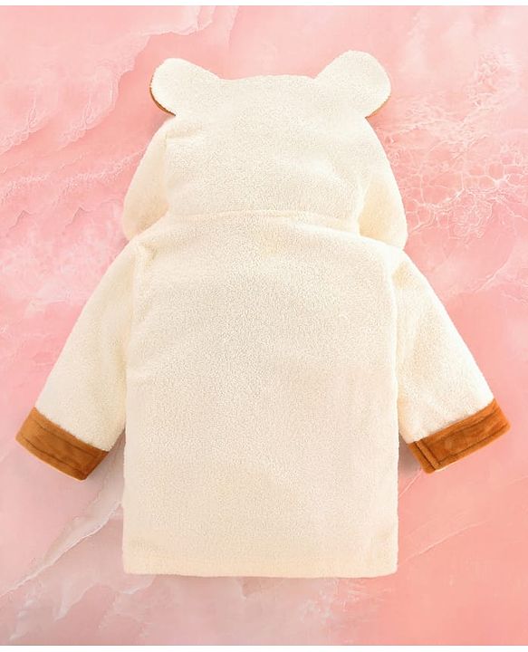 Babyhug Cotton Terry Woven Full Sleeves Hooded Bathrobe with Bear Embroidery - White