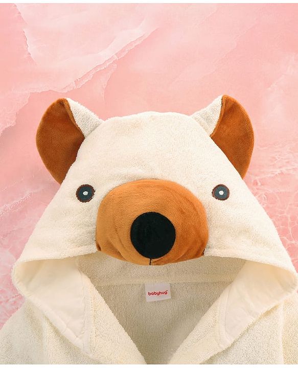 Babyhug Cotton Terry Woven Full Sleeves Hooded Bathrobe with Bear Embroidery - White