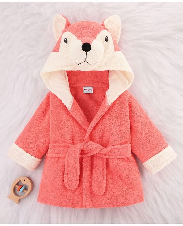 Babyhug Cotton Terry Woven Full Sleeves Hooded Bathrobe with Fox Embroidery - Pink