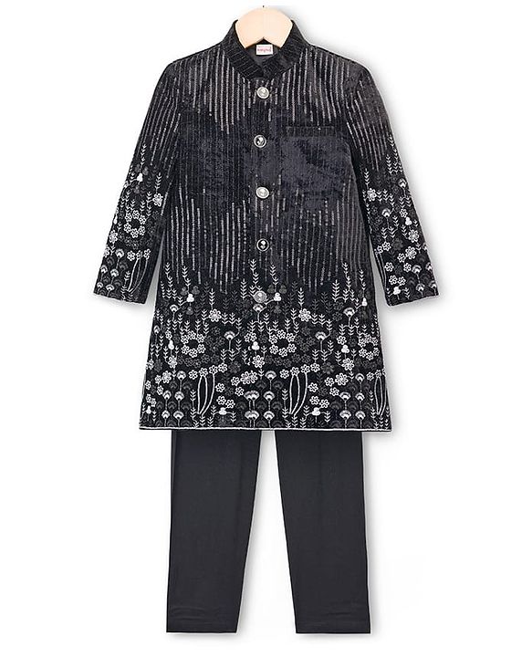 Babyhug Velvet Woven Full Sleeves Sherwani Set with Embroidery & Sequin Detailing - Black