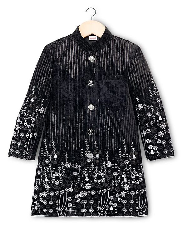 Babyhug Velvet Woven Full Sleeves Sherwani Set with Embroidery & Sequin Detailing - Black