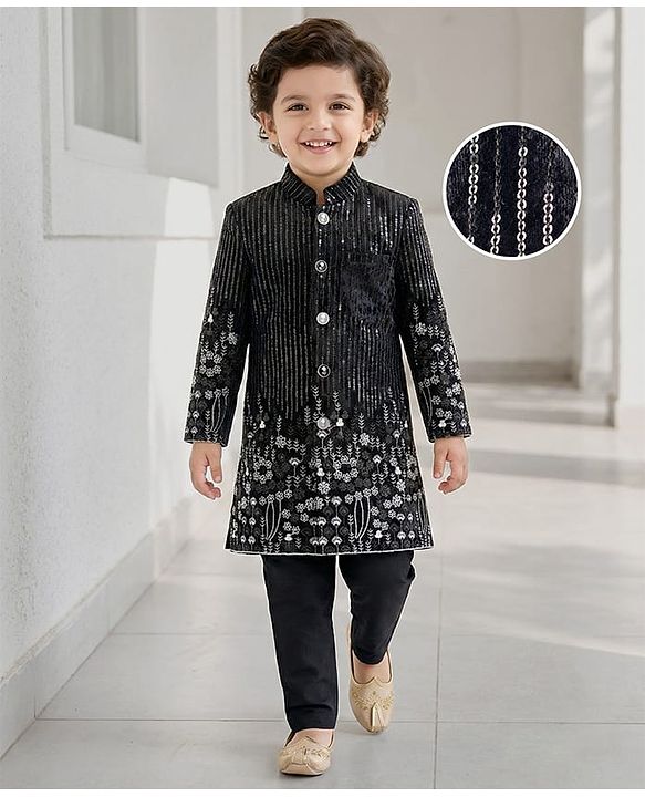 Babyhug Velvet Woven Full Sleeves Sherwani Set with Embroidery & Sequin Detailing - Black