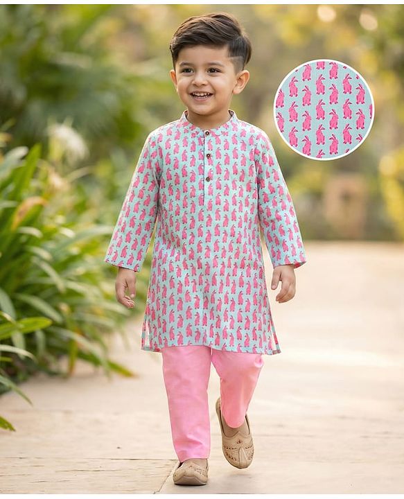 Babyhug Cotton Woven Full Sleeves Kurta Pajama Set with Bunny Print - Light Blue & Pink