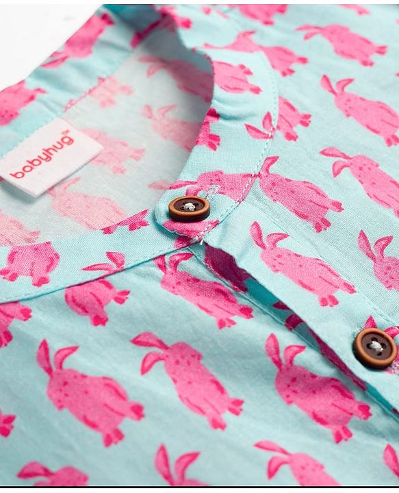 Babyhug Cotton Woven Full Sleeves Kurta Pajama Set with Bunny Print - Light Blue & Pink