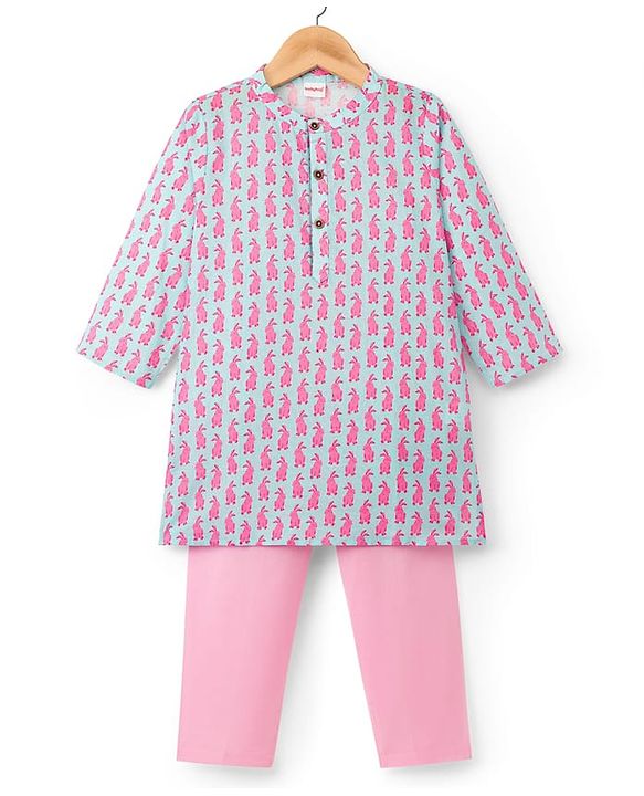 Babyhug Cotton Woven Full Sleeves Kurta Pajama Set with Bunny Print - Light Blue & Pink
