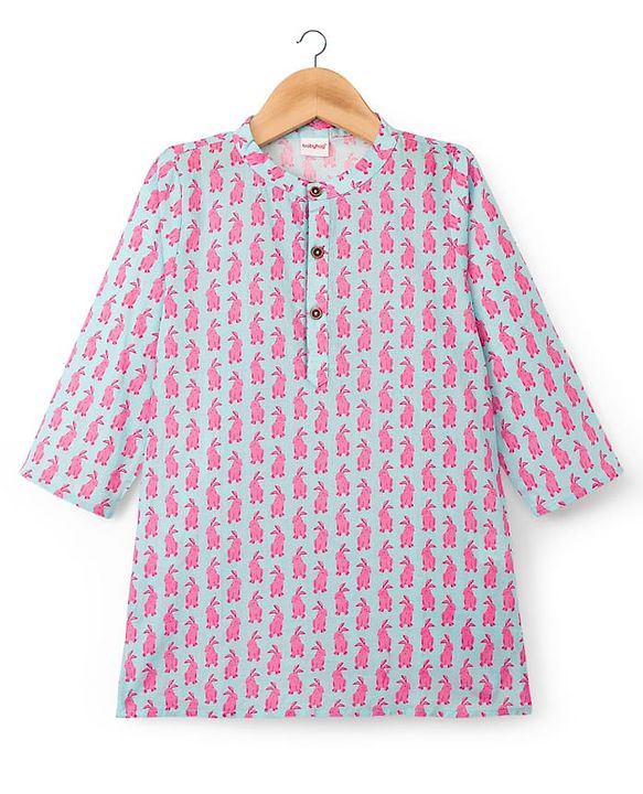 Babyhug Cotton Woven Full Sleeves Kurta Pajama Set with Bunny Print - Light Blue & Pink