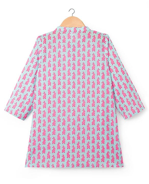 Babyhug Cotton Woven Full Sleeves Kurta Pajama Set with Bunny Print - Light Blue & Pink