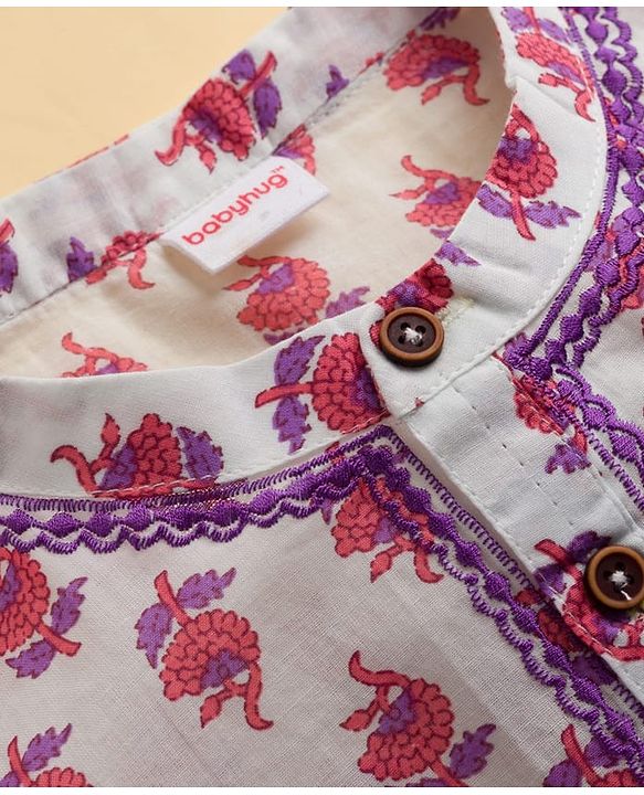 Babyhug Cotton Cambric Woven Full Sleeves Kurta Dhoti Set with Floral Print - White & Purple
