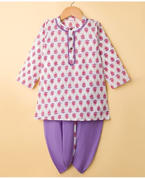 Babyhug Cotton Cambric Woven Full Sleeves Kurta Dhoti Set with Floral Print - White & Purple
