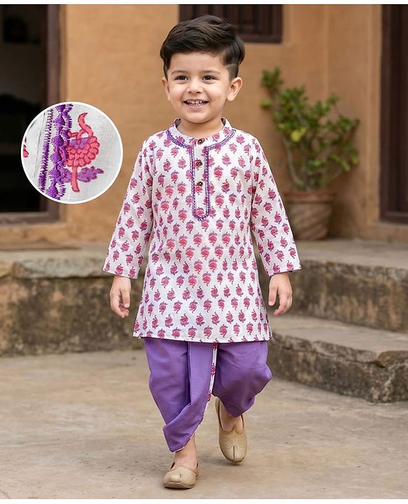 Babyhug Cotton Cambric Woven Full Sleeves Kurta Dhoti Set with Floral Print - White & Purple