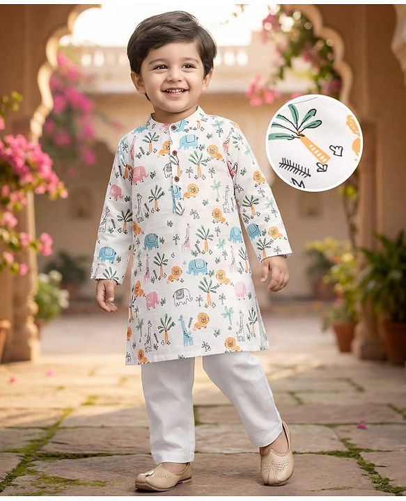 Babyhug Cotton Cambric Woven Full Sleeves Kurta Pyjama Set with Animal Print - Off White
