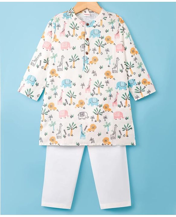 Babyhug Cotton Cambric Woven Full Sleeves Kurta Pyjama Set with Animal Print - Off White