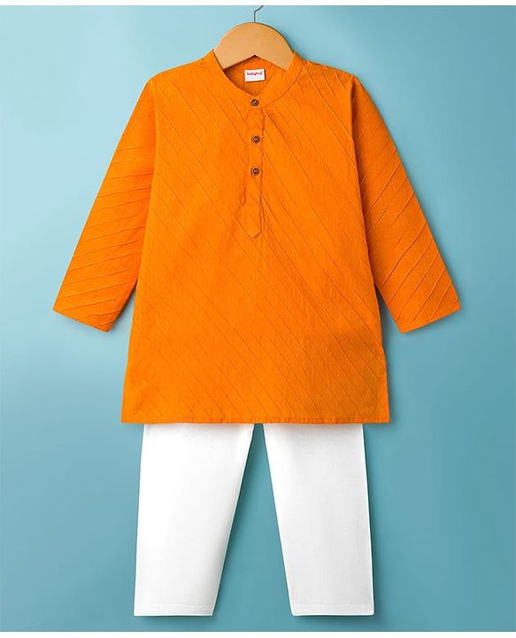 Babyhug Cotton Dobby Woven Full Sleeves Solid Kurta Pyjama Set - Orange