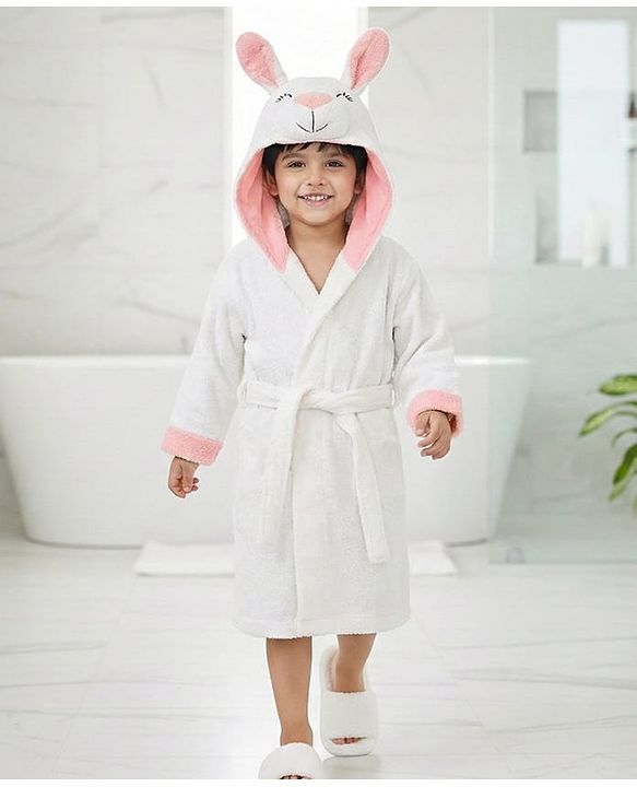 Babyhug Cotton Terry Woven Full Sleeves Hooded Bathrobe with Bunny Embroidery - White