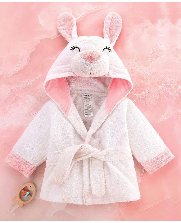 Babyhug Cotton Terry Woven Full Sleeves Hooded Bathrobe with Bunny Embroidery - White
