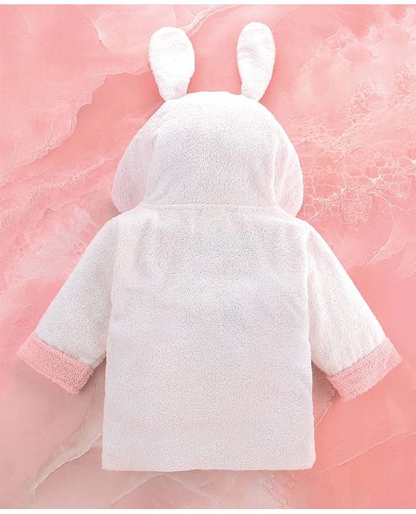 Babyhug Cotton Terry Woven Full Sleeves Hooded Bathrobe with Bunny Embroidery - White
