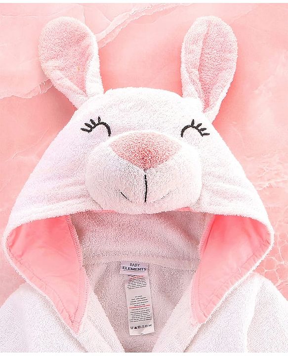 Babyhug Cotton Terry Woven Full Sleeves Hooded Bathrobe with Bunny Embroidery - White