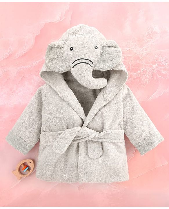 Babyhug Cotton Terry Woven Full Sleeves Hooded Bathrobe with Elephant Embroidery - Grey