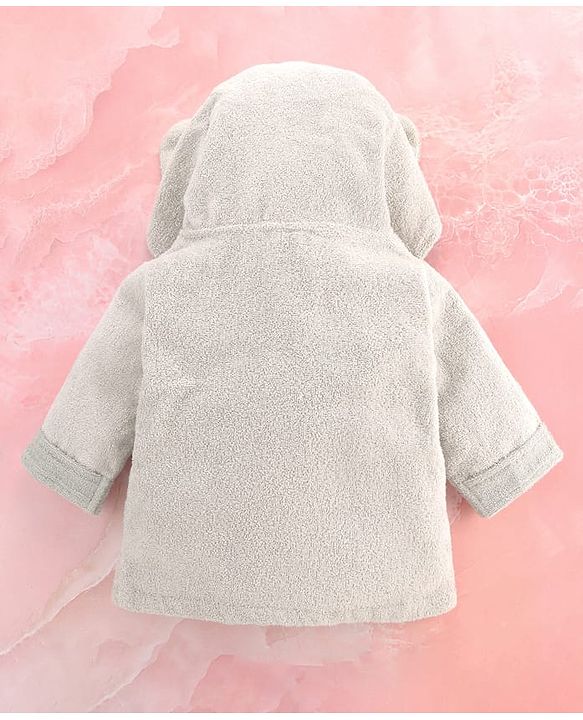 Babyhug Cotton Terry Woven Full Sleeves Hooded Bathrobe with Elephant Embroidery - Grey