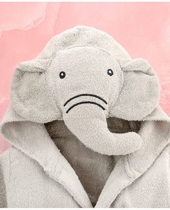 Babyhug Cotton Terry Woven Full Sleeves Hooded Bathrobe with Elephant Embroidery - Grey