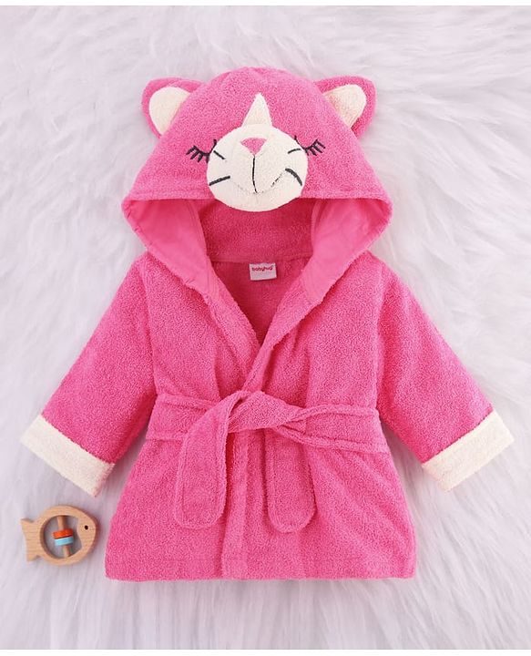 Babyhug Cotton Terry Woven Full Sleeves Hooded Bathrobe with Kitty Embroidery - Pink