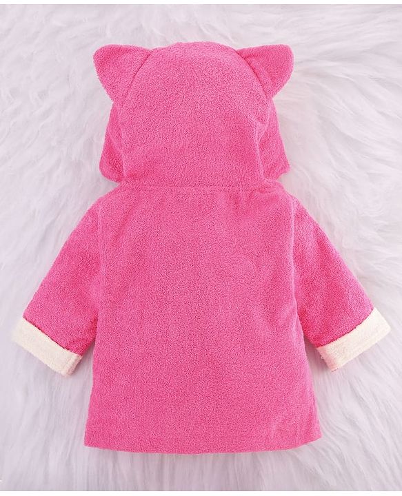 Babyhug Cotton Terry Woven Full Sleeves Hooded Bathrobe with Kitty Embroidery - Pink