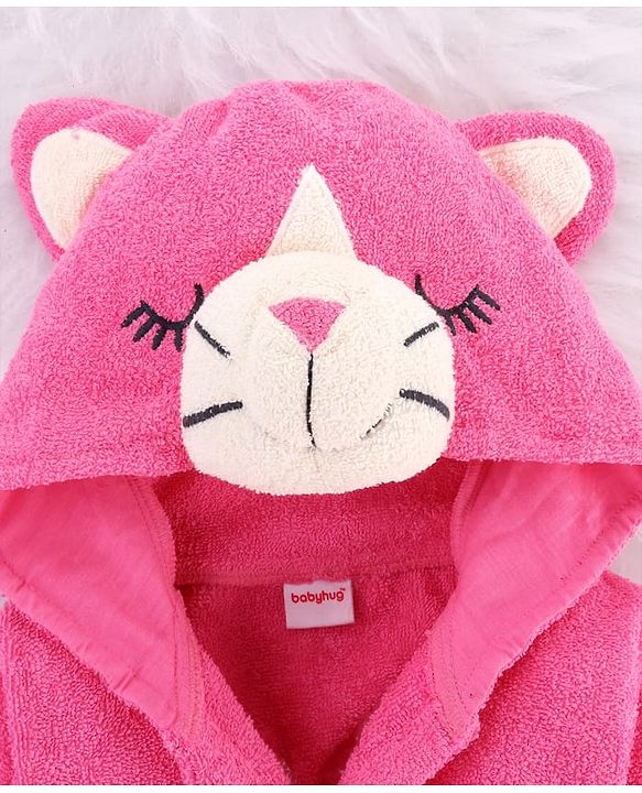 Babyhug Cotton Terry Woven Full Sleeves Hooded Bathrobe with Kitty Embroidery - Pink