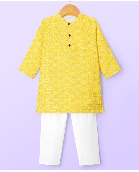 Babyhug Cotton Woven Full Sleeves Pintucked Kurta Pyjama Set with Sequin Detailing -  Yellow