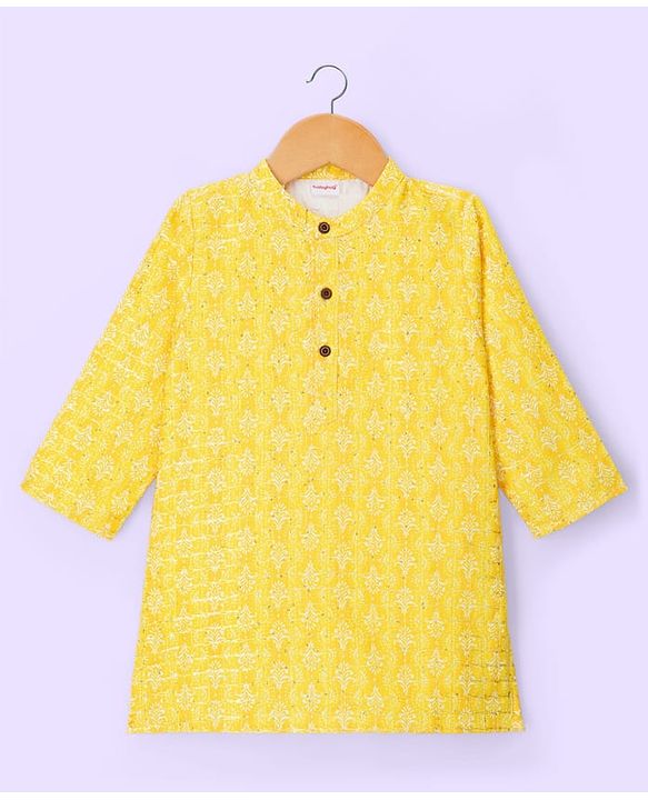 Babyhug Cotton Woven Full Sleeves Pintucked Kurta Pyjama Set with Sequin Detailing -  Yellow