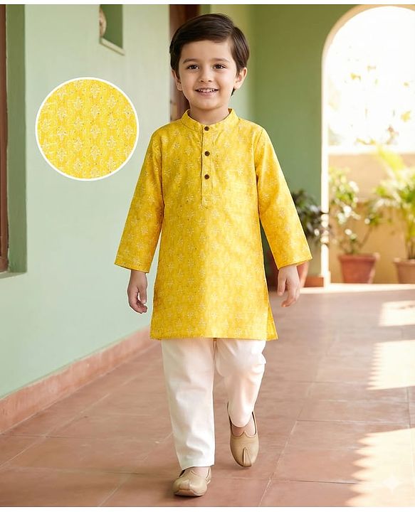 Babyhug Cotton Woven Full Sleeves Pintucked Kurta Pyjama Set with Sequin Detailing -  Yellow