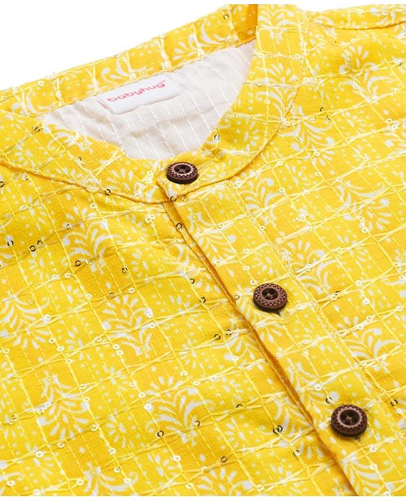 Babyhug Cotton Woven Full Sleeves Pintucked Kurta Pyjama Set with Sequin Detailing -  Yellow