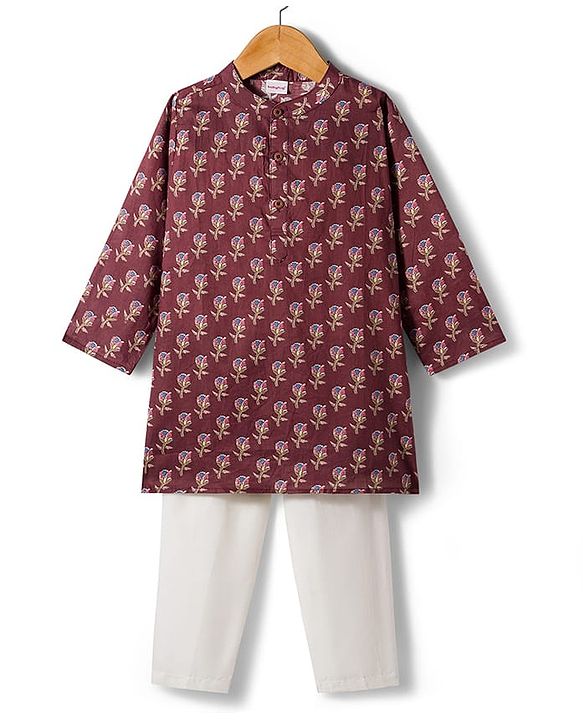 Babyhug Cotton Woven Full Sleeves Kurta Dhoti Set with Floral Print - Maroon