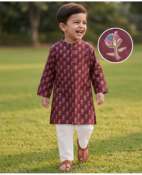 Babyhug Cotton Woven Full Sleeves Kurta Dhoti Set with Floral Print - Maroon