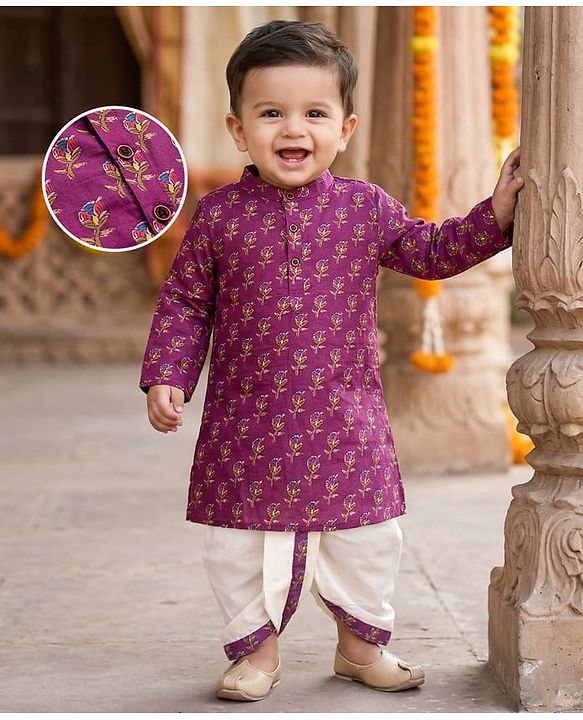 Babyhug Cambric Full Sleeves Floral Printed Kurta Dhoti Set - Purple