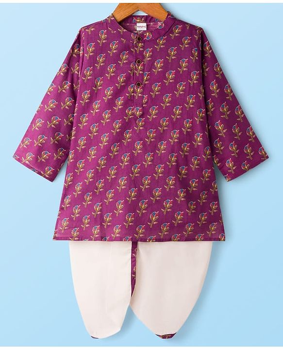 Babyhug Cambric Full Sleeves Floral Printed Kurta Dhoti Set - Purple