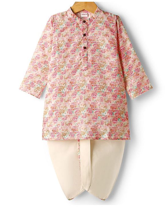 Babyhug Cotton Woven Full Sleeves  Printed Kurta Dhoti Set - Pink
