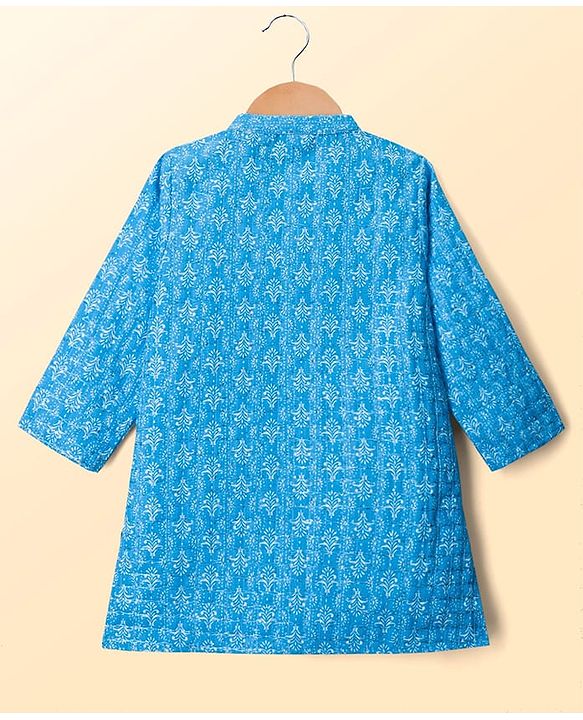 Babyhug Cotton Woven Full Sleeves Cambric Printed  Kurta Dhoti Set with Sequin Detailing - Blue